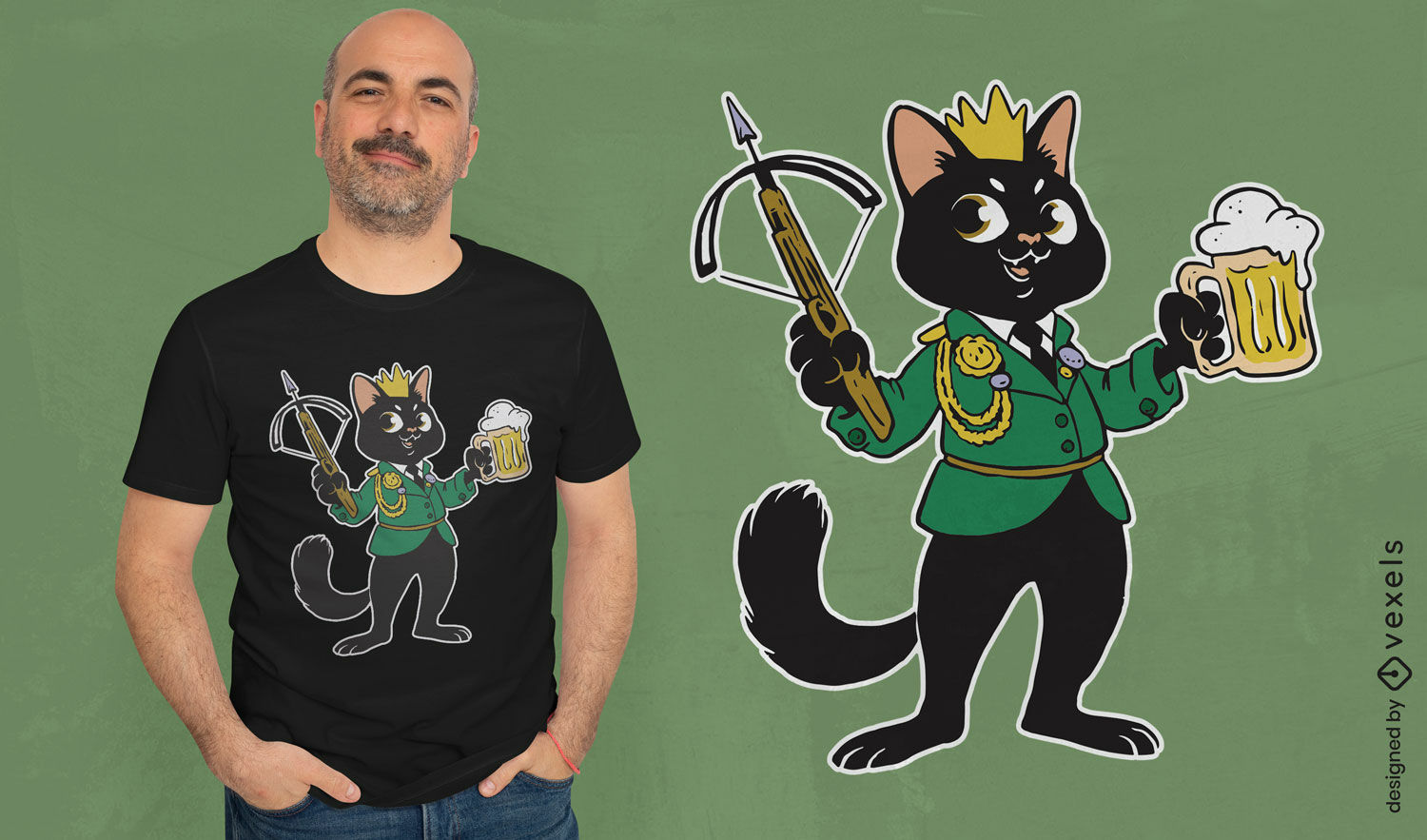 Diseño de camiseta de gato negro con ballesta y cerveza