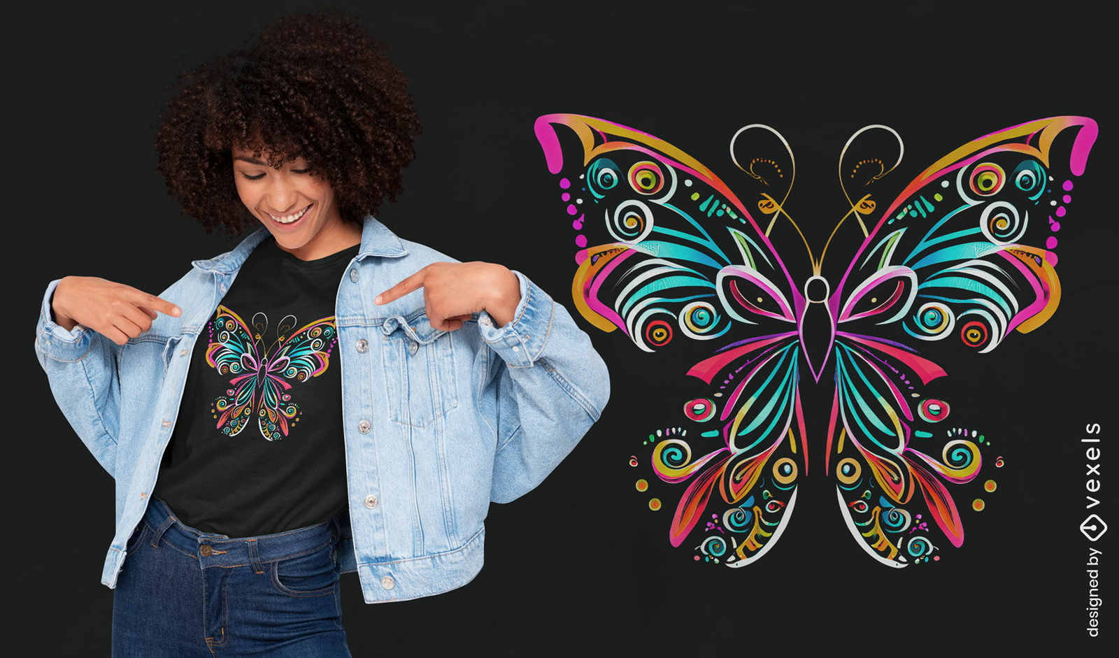 Diseño de camiseta de mariposa de colores brillantes.