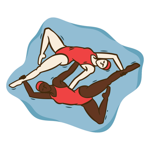 Dos nadadores en trajes de baño rojos sobre fondo azul. Diseño PNG