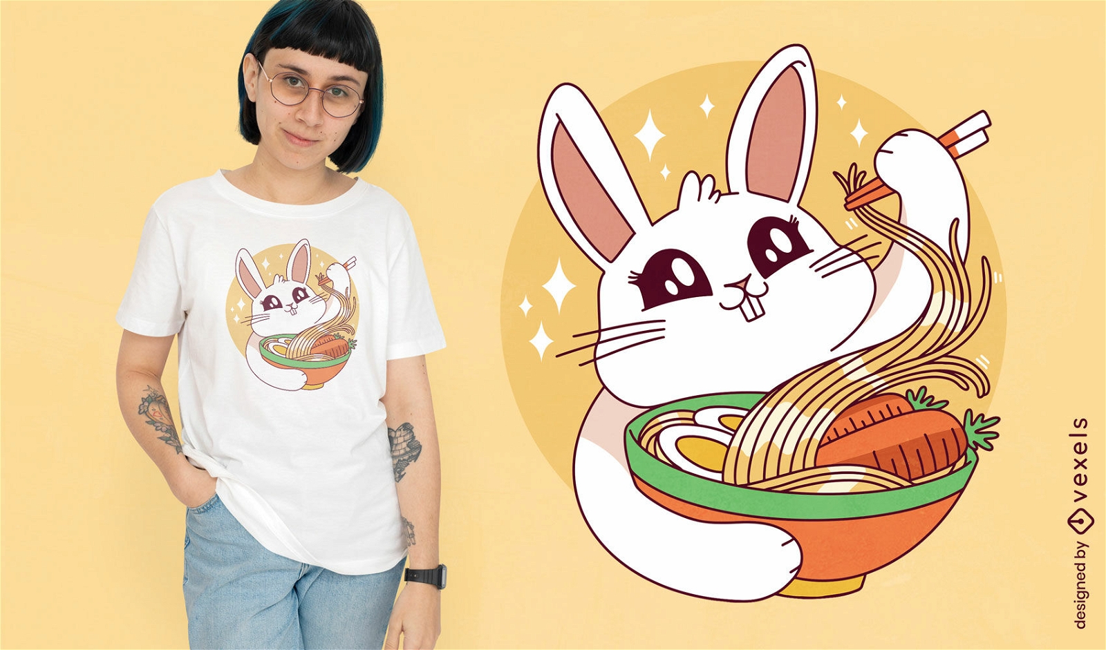 Conejito comiendo ramen con diseño de camiseta de zanahorias.