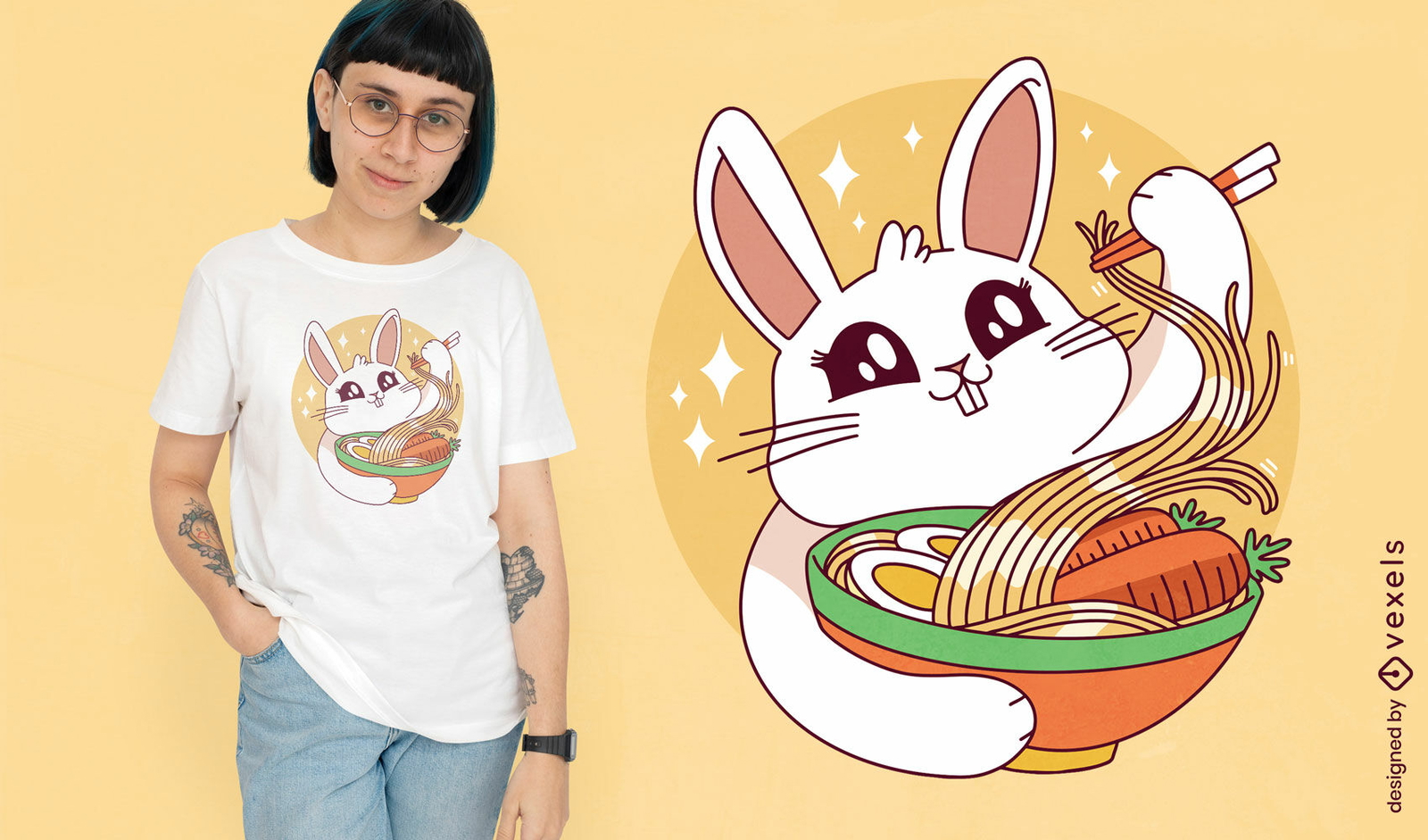 Häschen, das Ramen mit Karotten-T-Shirt-Design isst