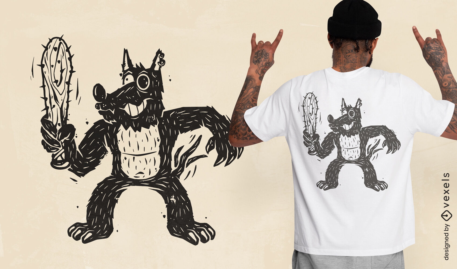 Black dog cartoon with bat t-shirt design