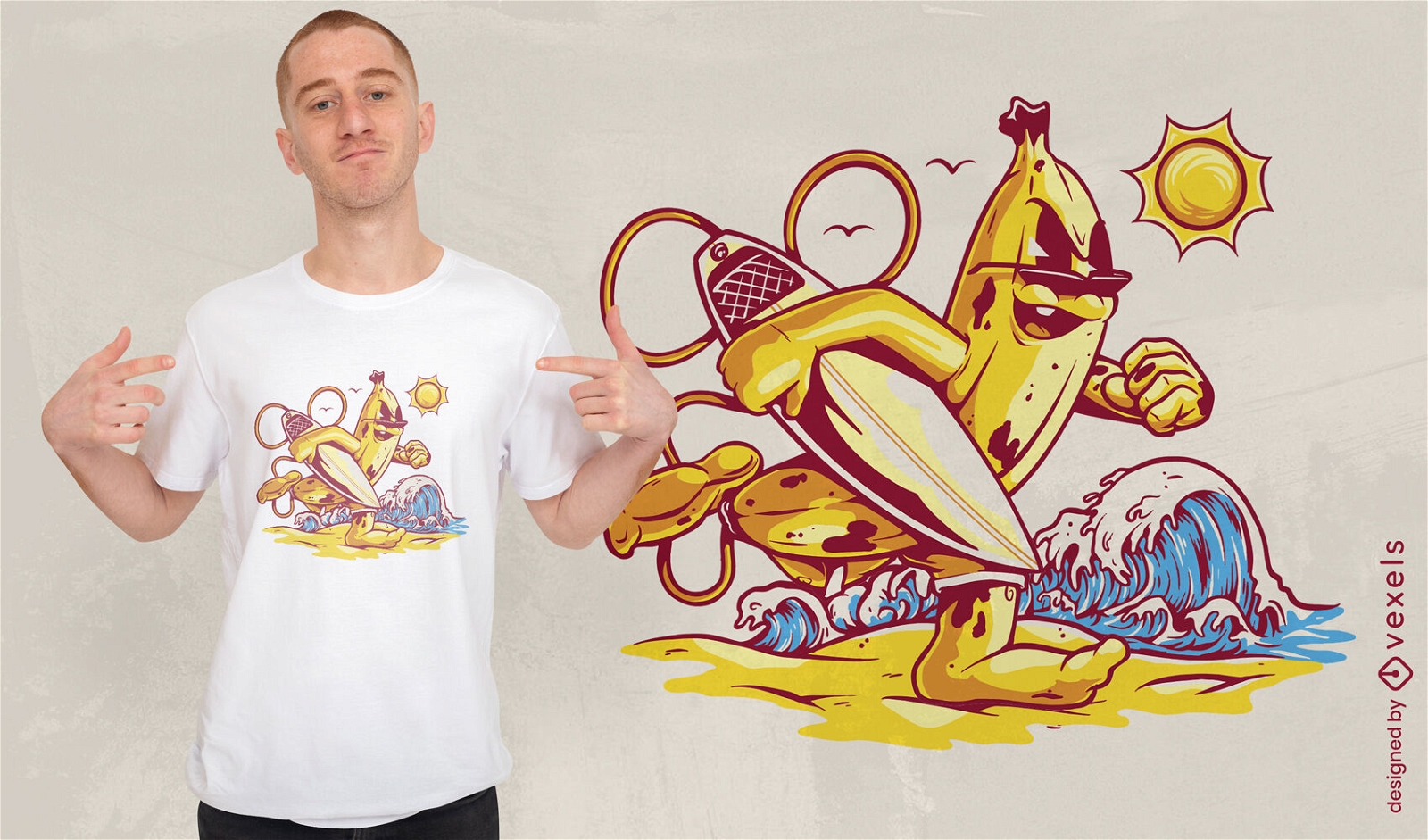 Banana surf en diseño de camiseta de playa.