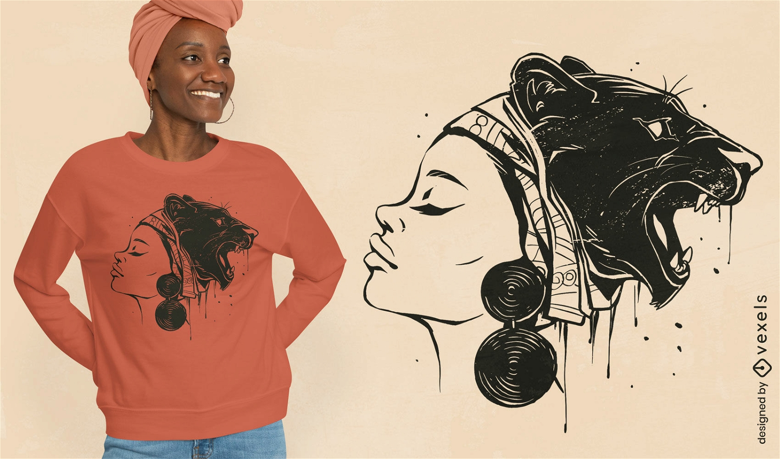 Mulher africana com design de camiseta de pantera na cabeça