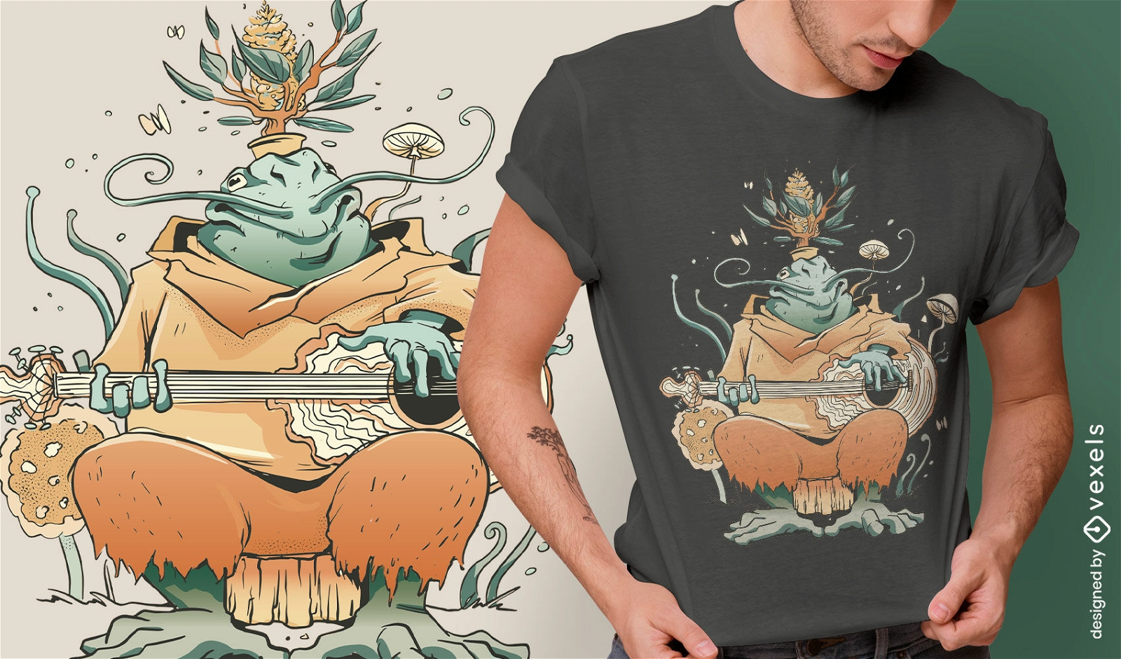 Diseño de camiseta de cabaña mágica de músico de rana