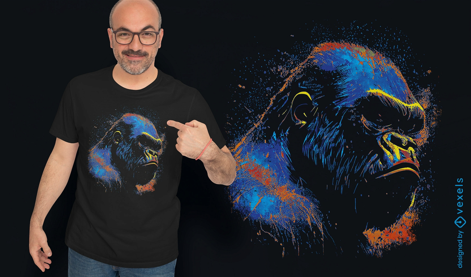 Dise?o de camiseta con retrato de gorila colorido.