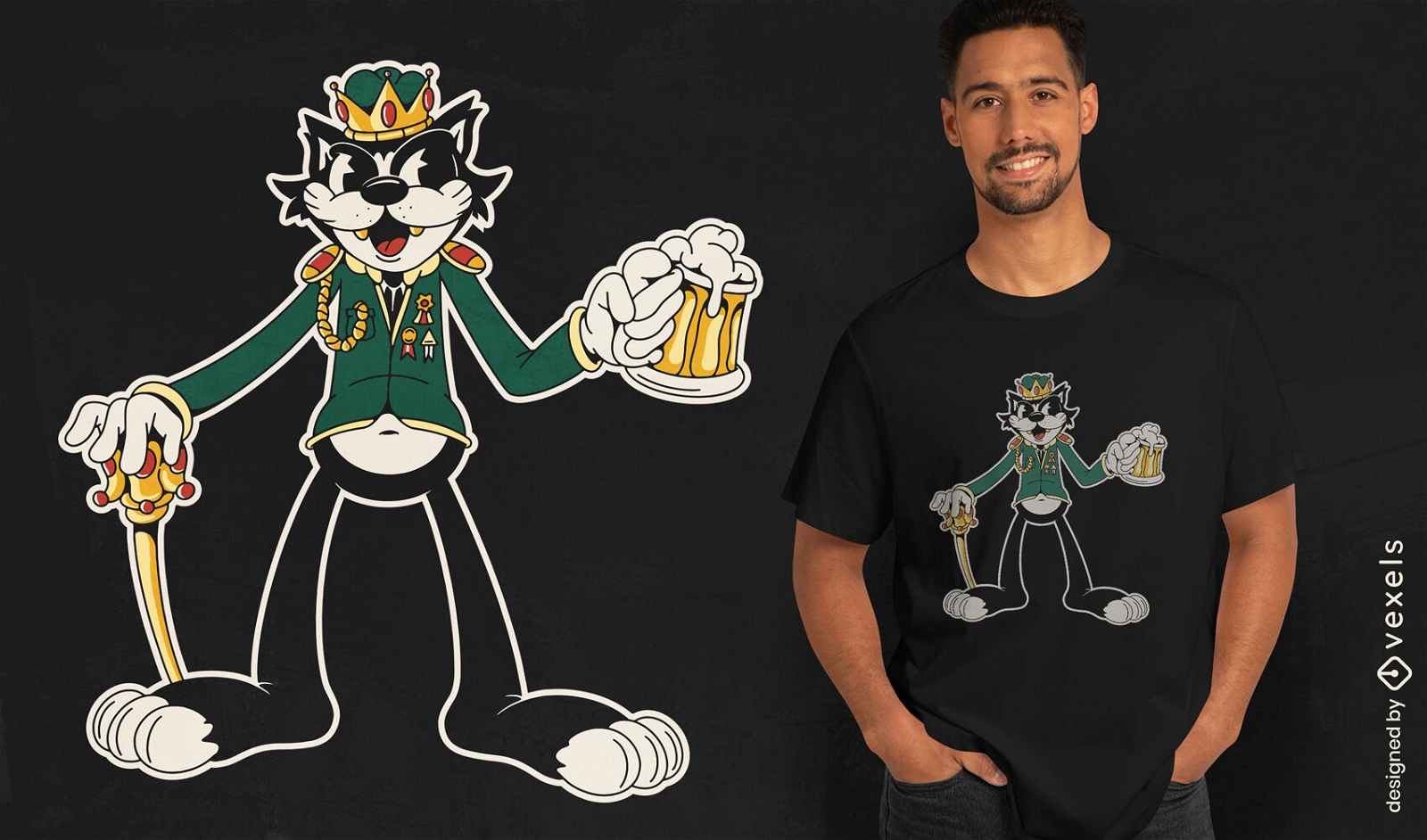 Diseño de camiseta de rey gato bebiendo cerveza
