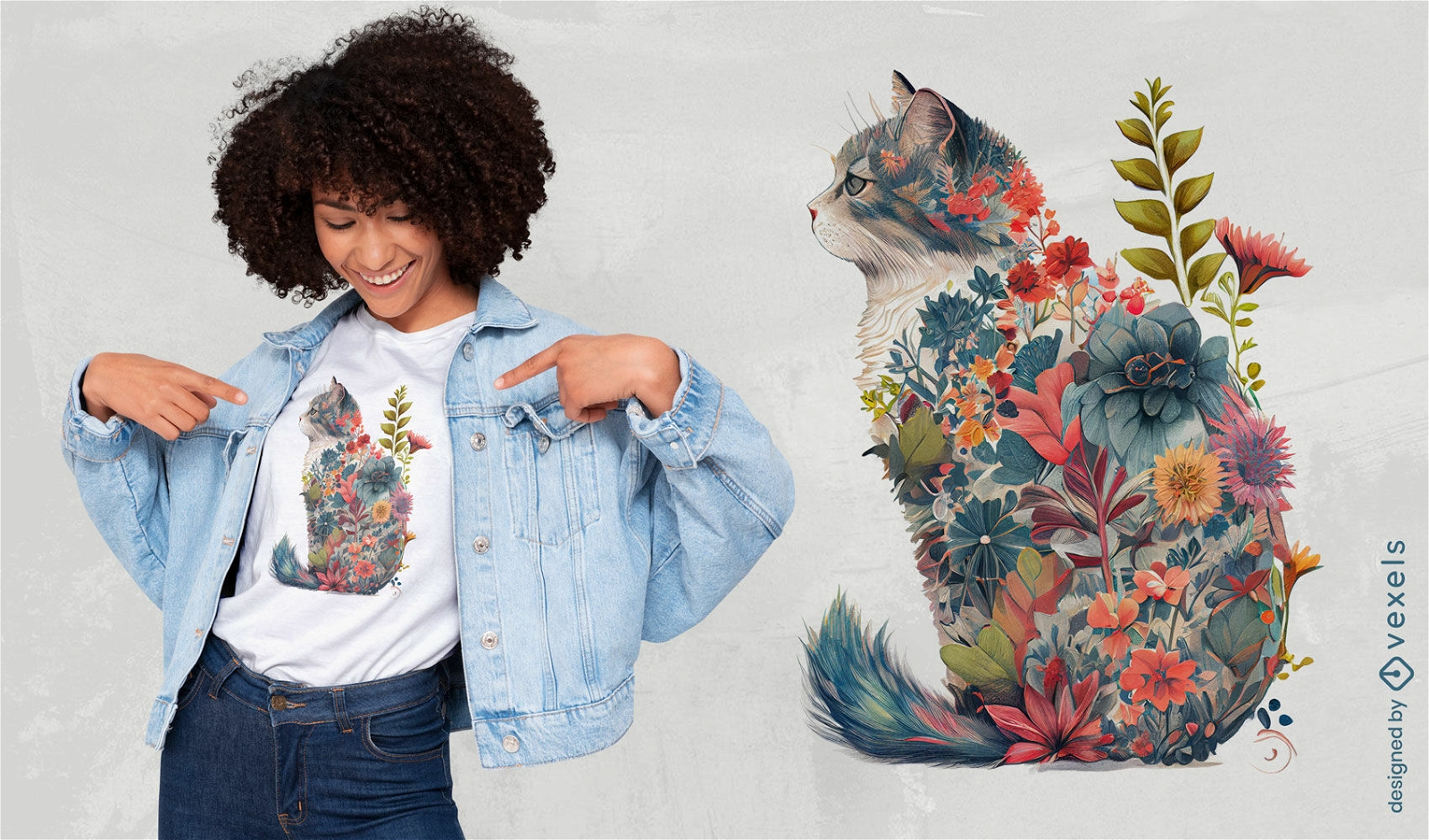 Diseño de camiseta de silueta de gato floral.