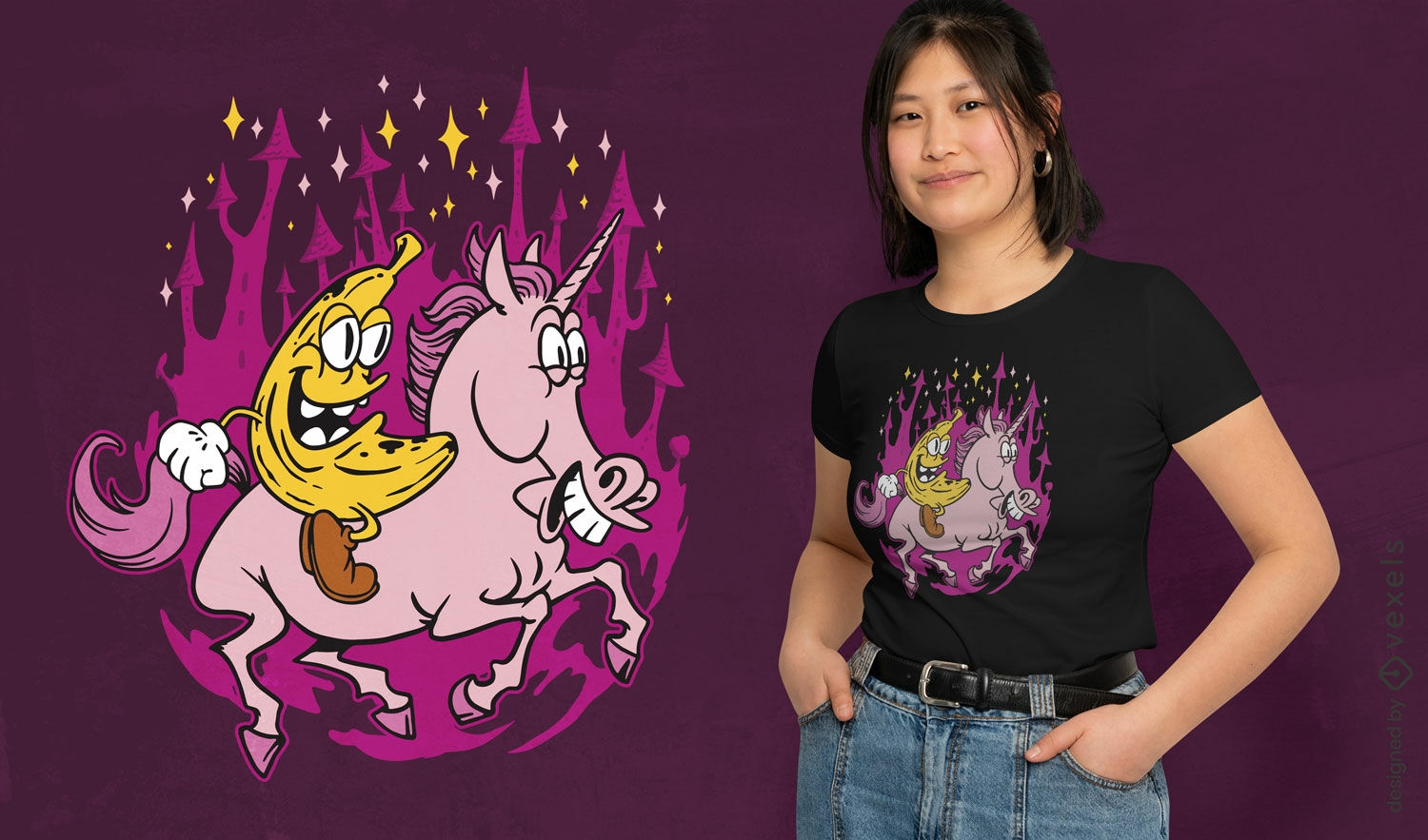Diseño de camiseta de dibujos animados de unicornio montando plátano