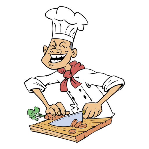 Chef de dibujos animados cortando verduras en una tabla de cortar Diseño PNG