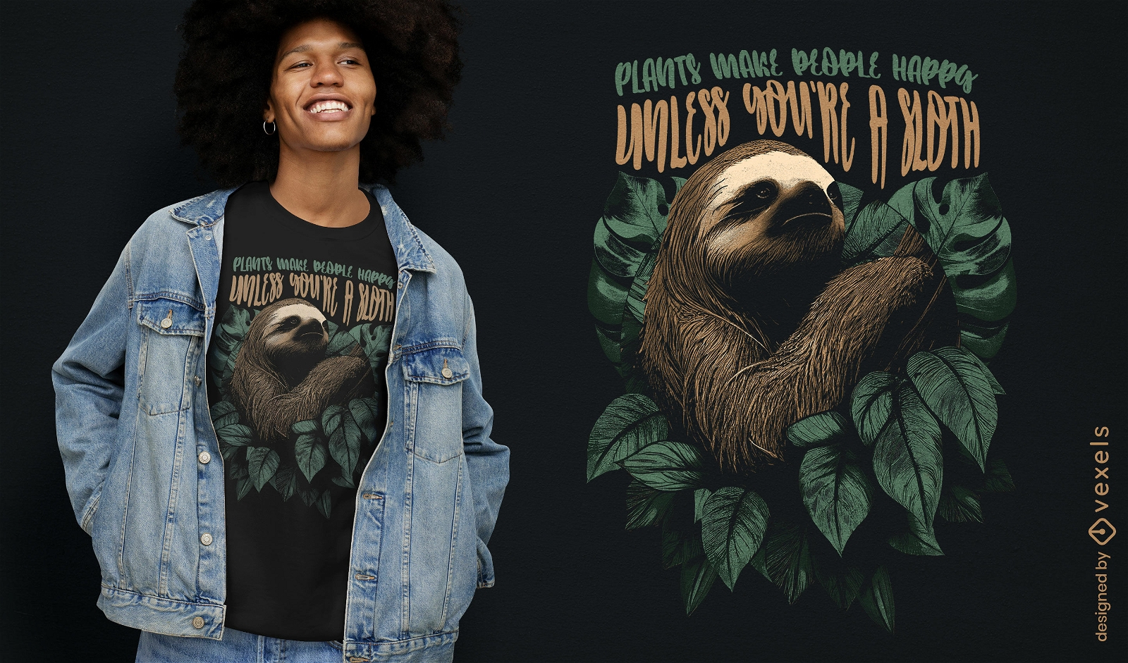 Design humorístico de camisetas com preguiças e plantas