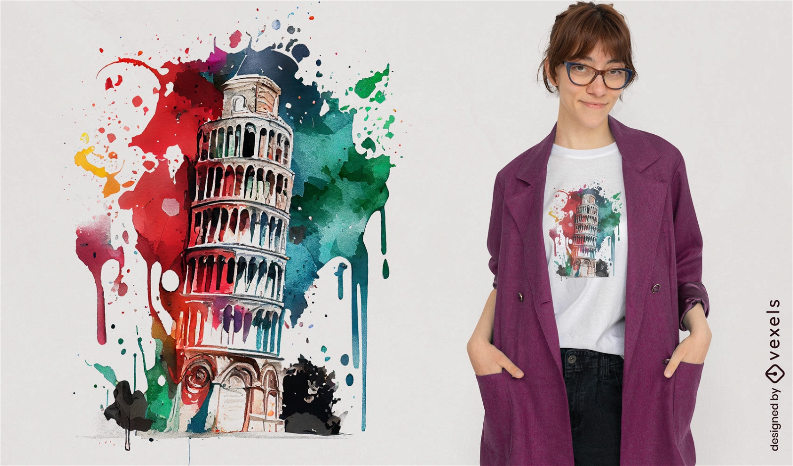 Design de camiseta aquarela da Torre de Pisa