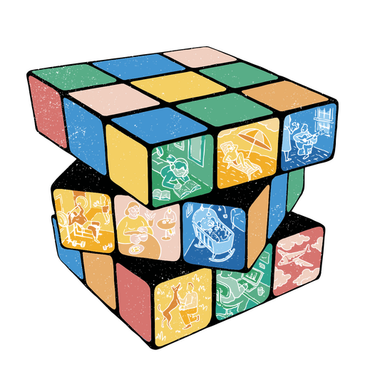 El cubo de Rubik con diferentes imágenes. Diseño PNG