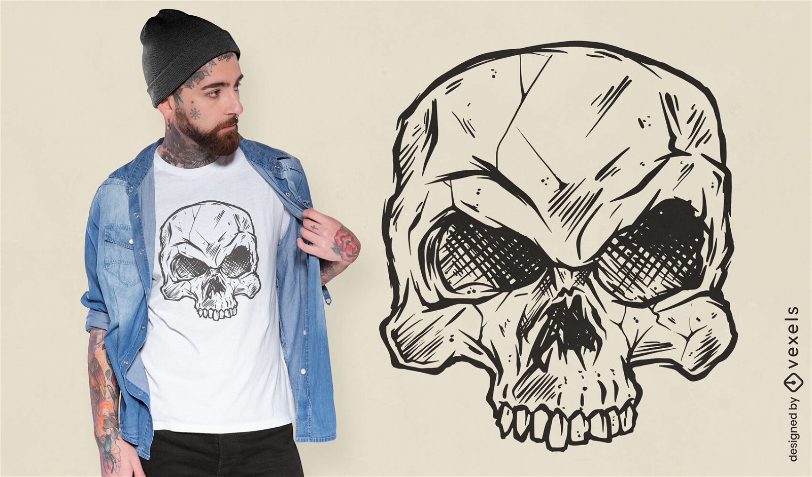 Handgezeichnetes gruseliges T-Shirt-Design mit menschlichem Schädel