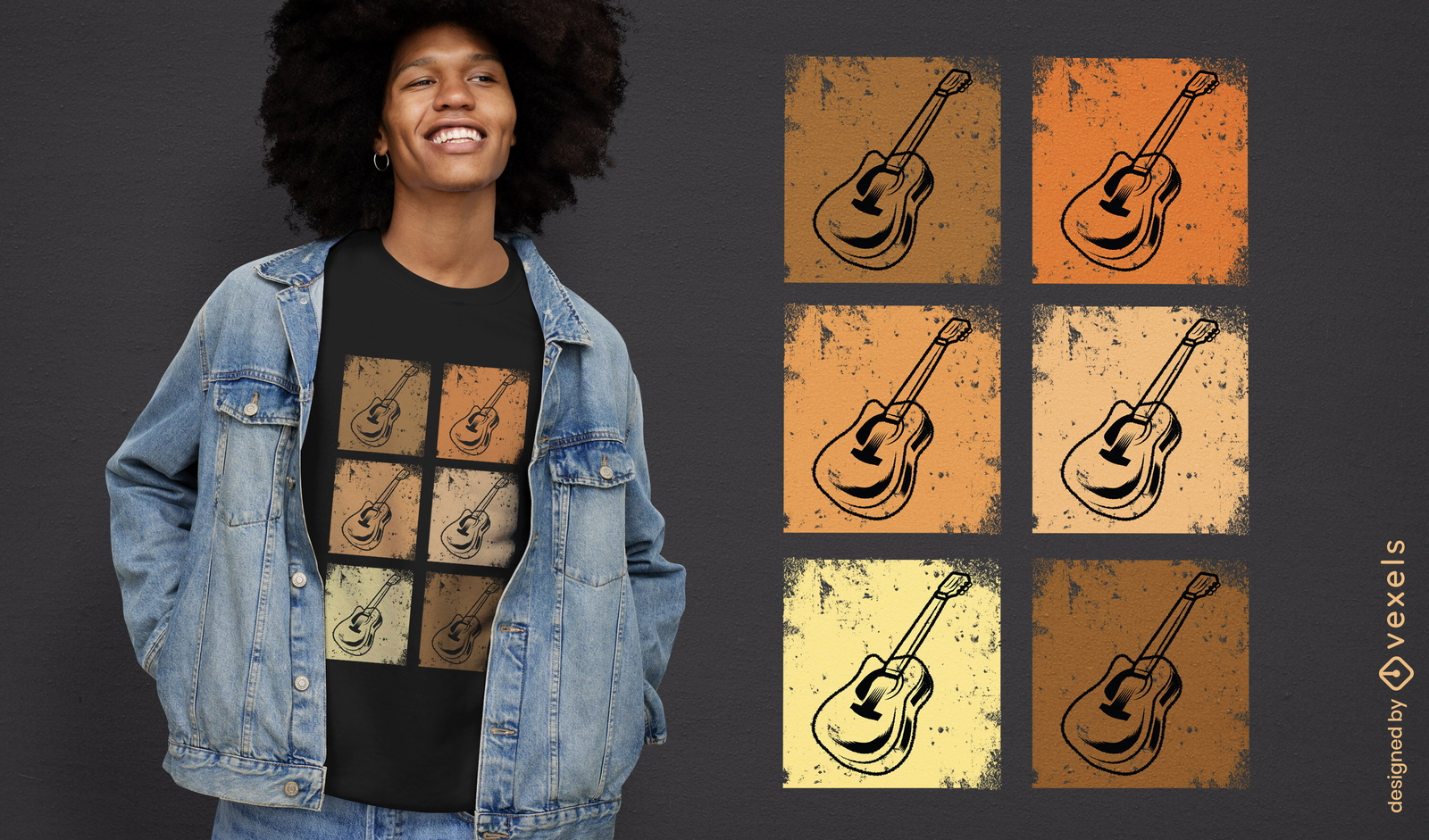 Diseño de camiseta de guitarras clásicas y vintage.