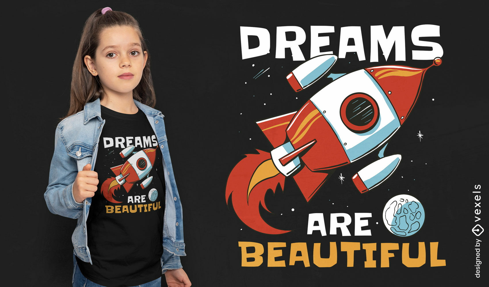 Design de camiseta com cita??o de sonhos de foguete espacial