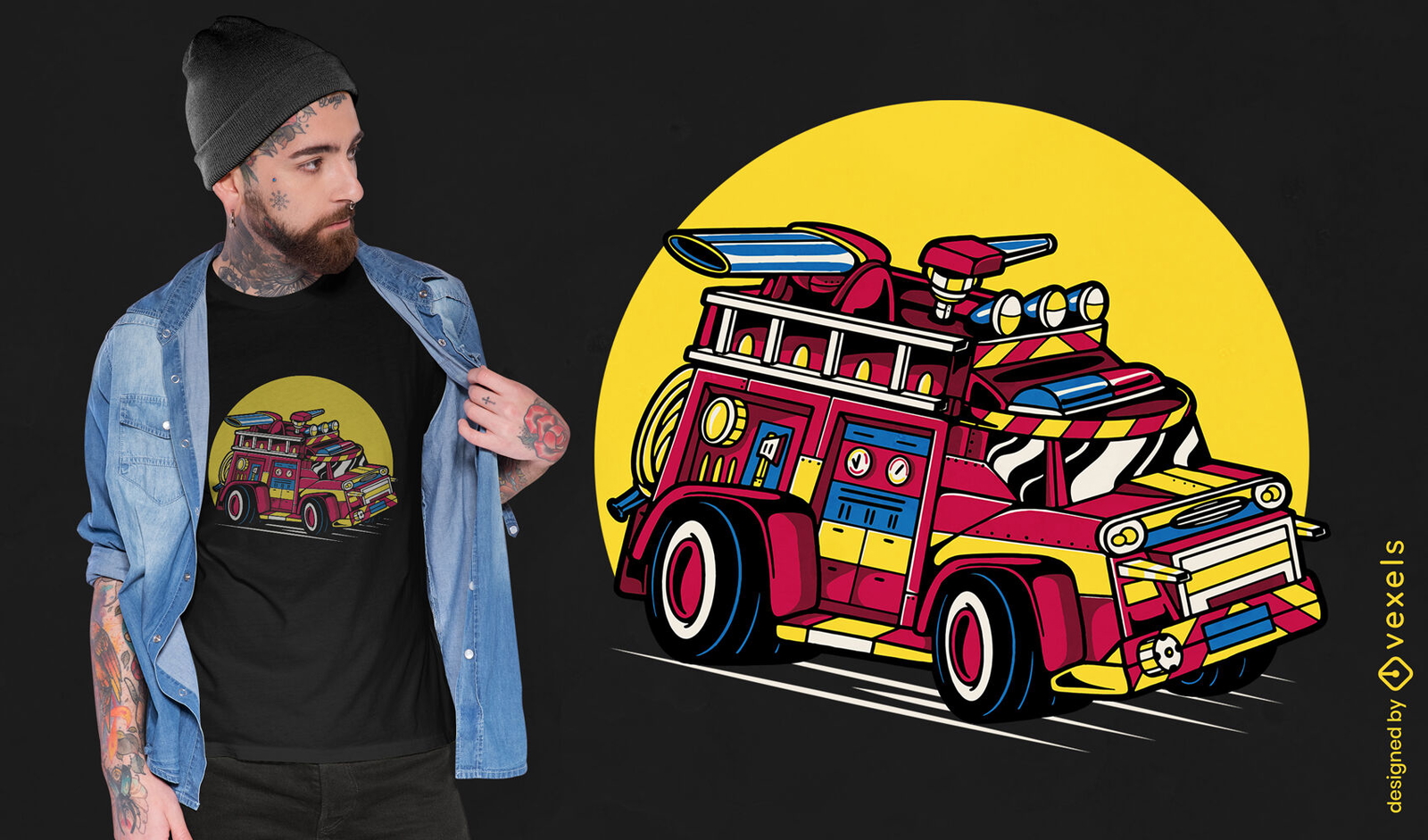 Firetruck correndo através do design de camiseta de rua