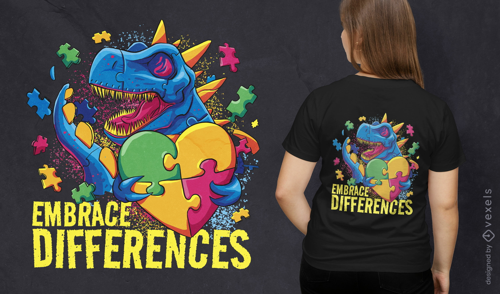 Dinosaurier, der Puzzle-Herz-T-Shirt-Design hält