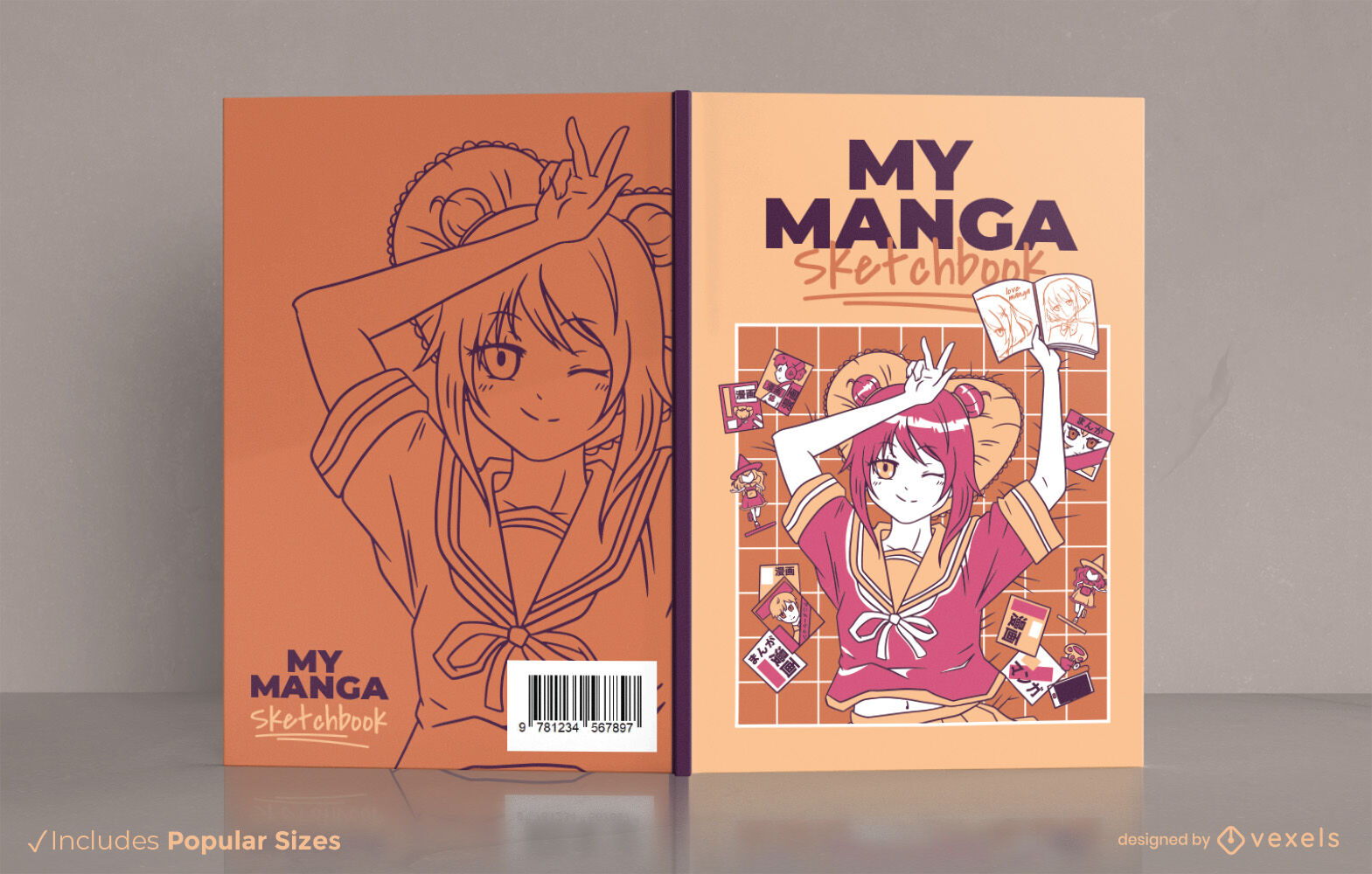 Design de capa de livro de esboço de manga de anime menina