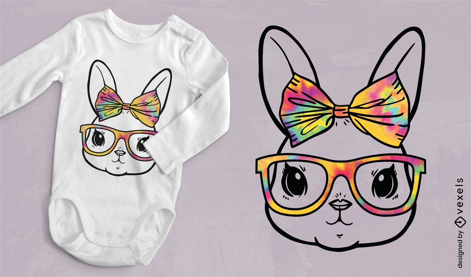 Diseño de camiseta de conejo con lazo teñido anudado y gafas