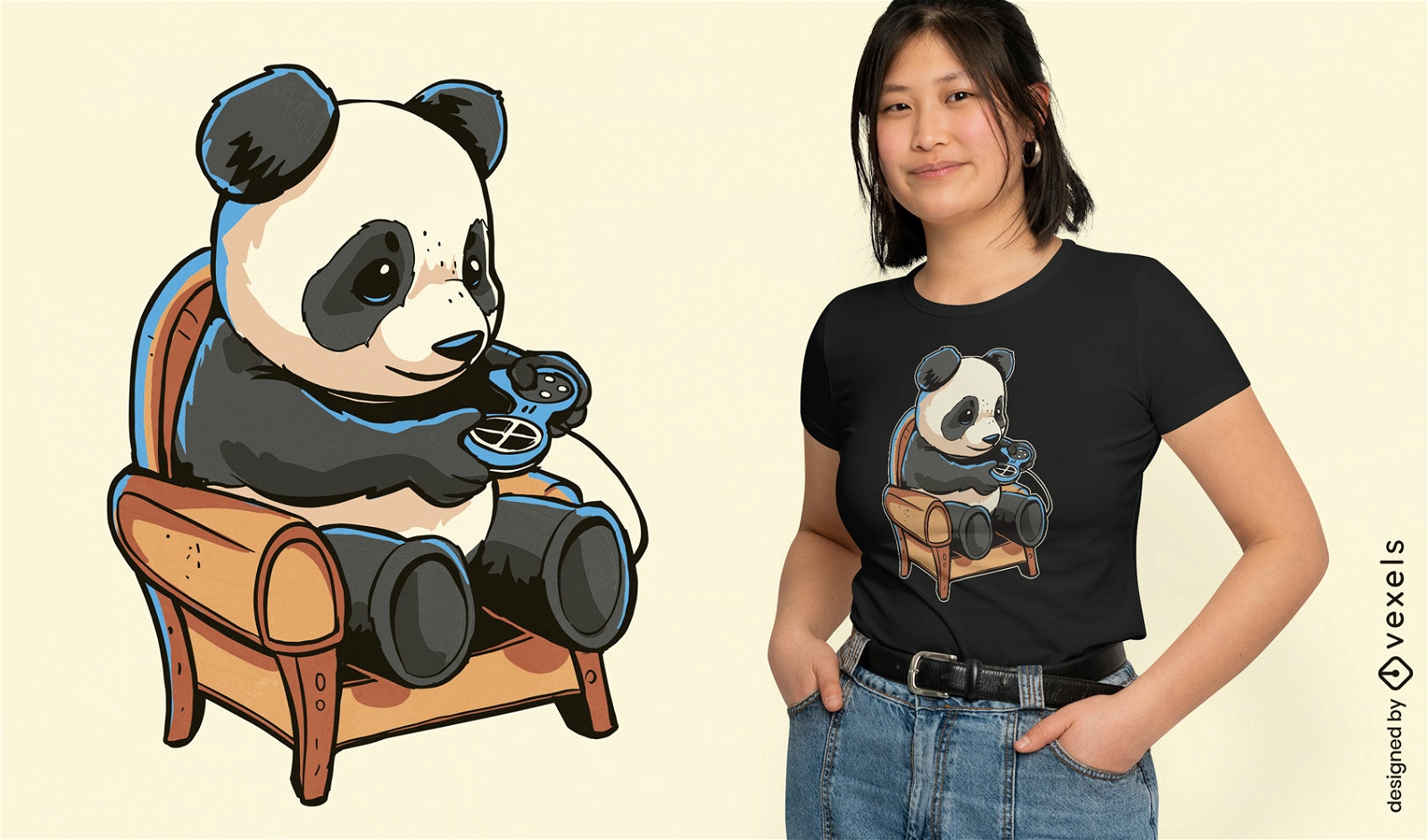 Diseño de camiseta de panda jugando videojuegos.