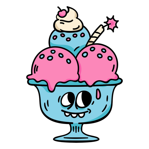 Cono de helado de dibujos animados con un helado rosa y azul Diseño PNG