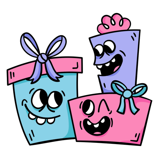 Tres cajas de regalo de dibujos animados con caras y lazos. Diseño PNG