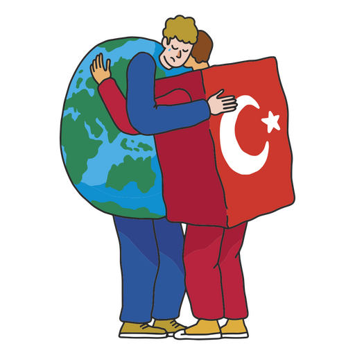Dos personas abrazando la tierra con la bandera turca. Diseño PNG