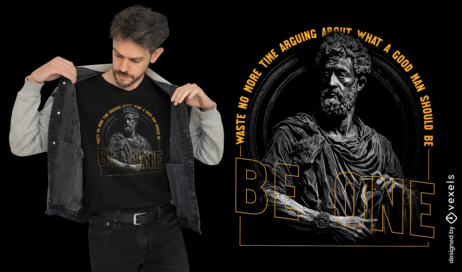 T-Shirt-Design mit realistischer Statue von Marcus Aurelius