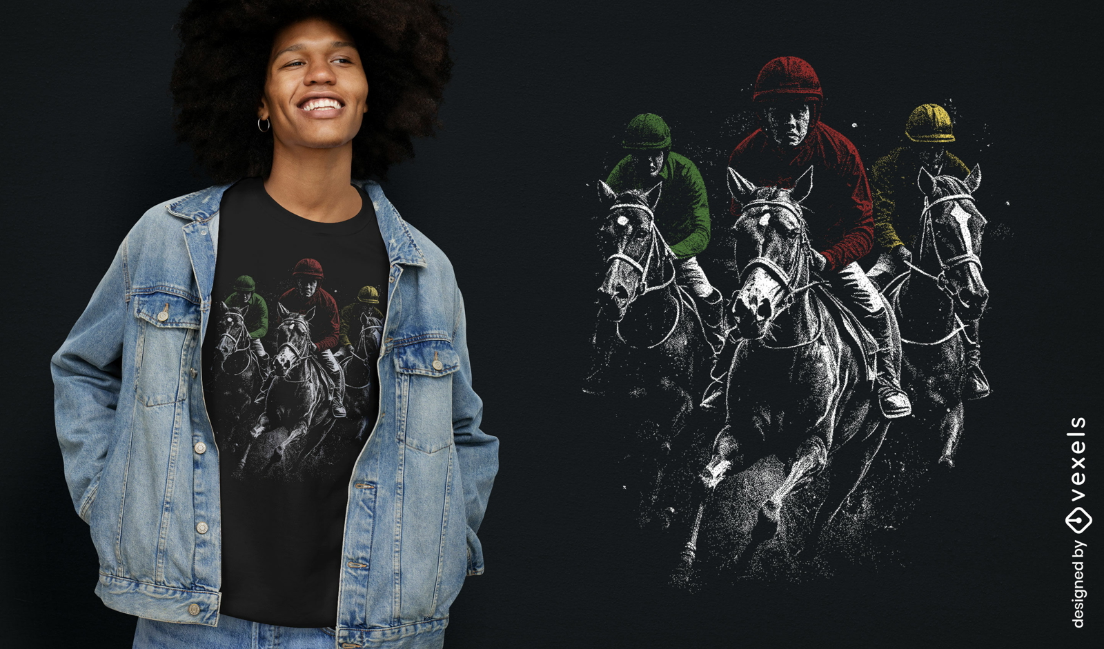 Diseño de camiseta de acción de carreras de caballos.