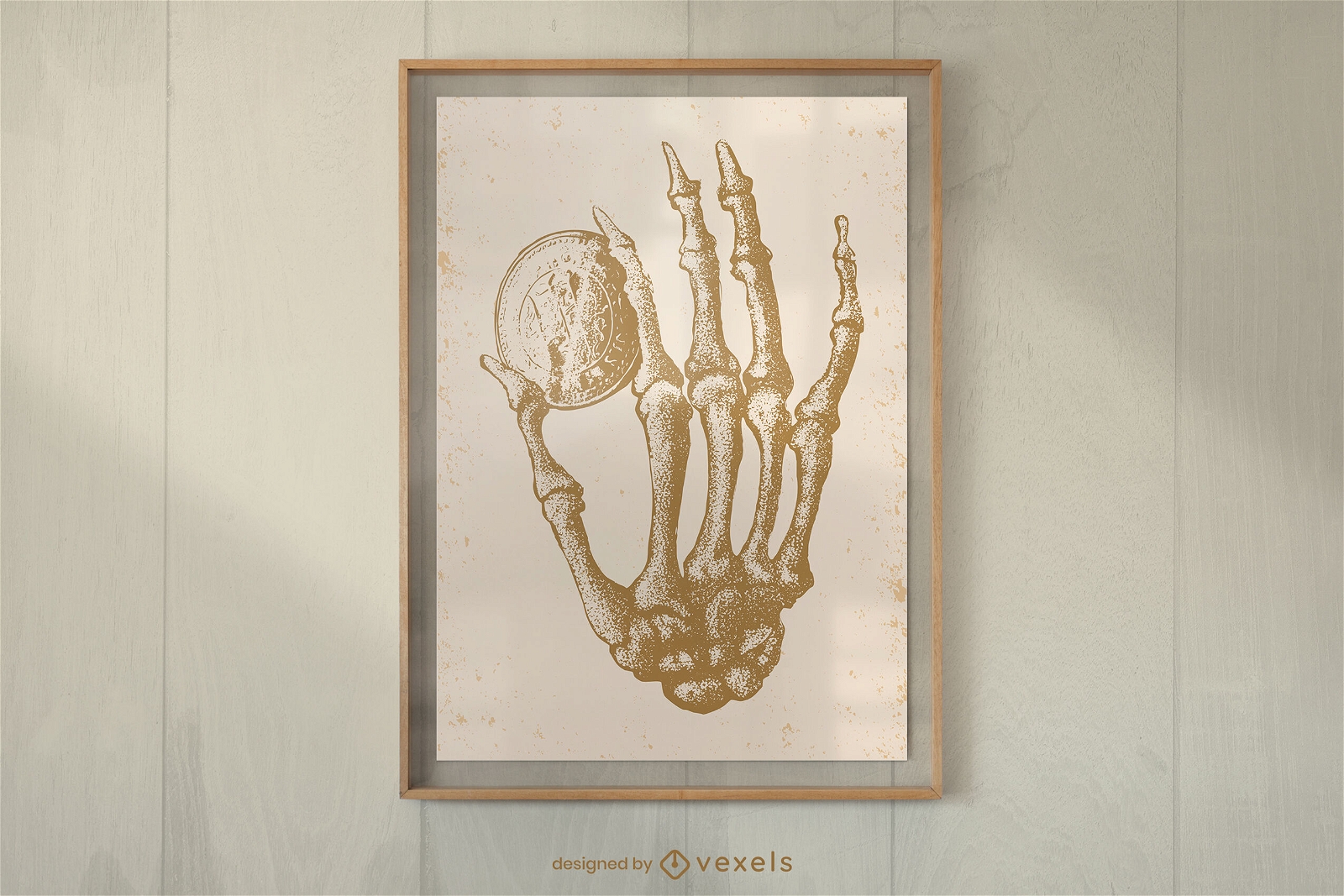 Mano de esqueleto sosteniendo un diseño de cartel de moneda