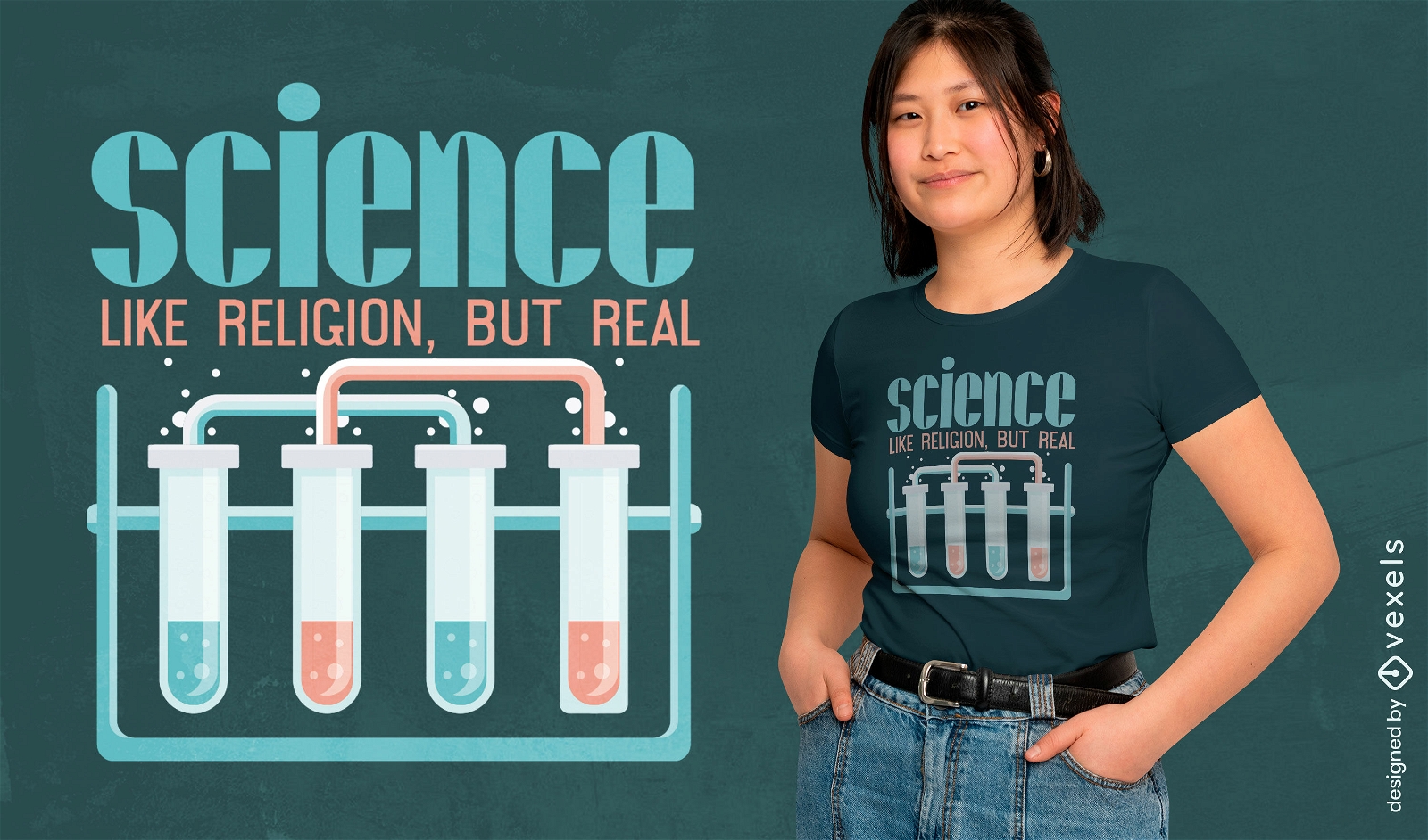 Diseño de camiseta con cita de ciencia y religión.