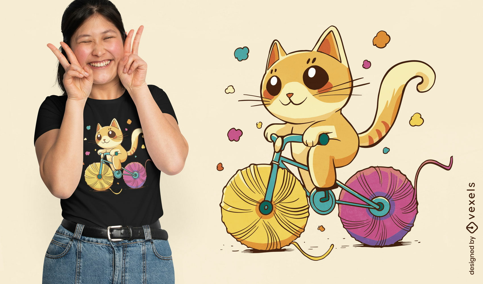 Gato bonito montando um design de camiseta de bicicleta