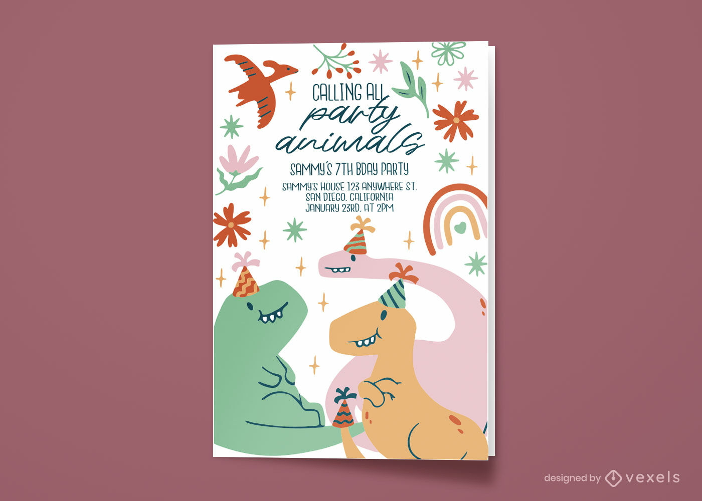 Cute Dinosaurs Greeting Card For Birthday Party Vector Download 