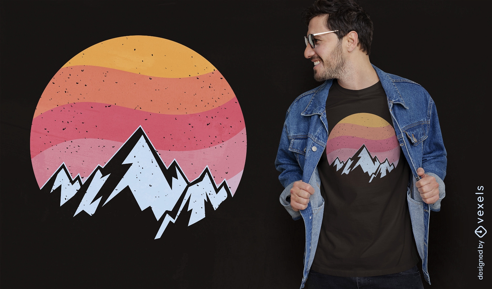 Diseño retro de camiseta de montaña al atardecer.