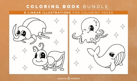 Animals and bugs coloring book design pages