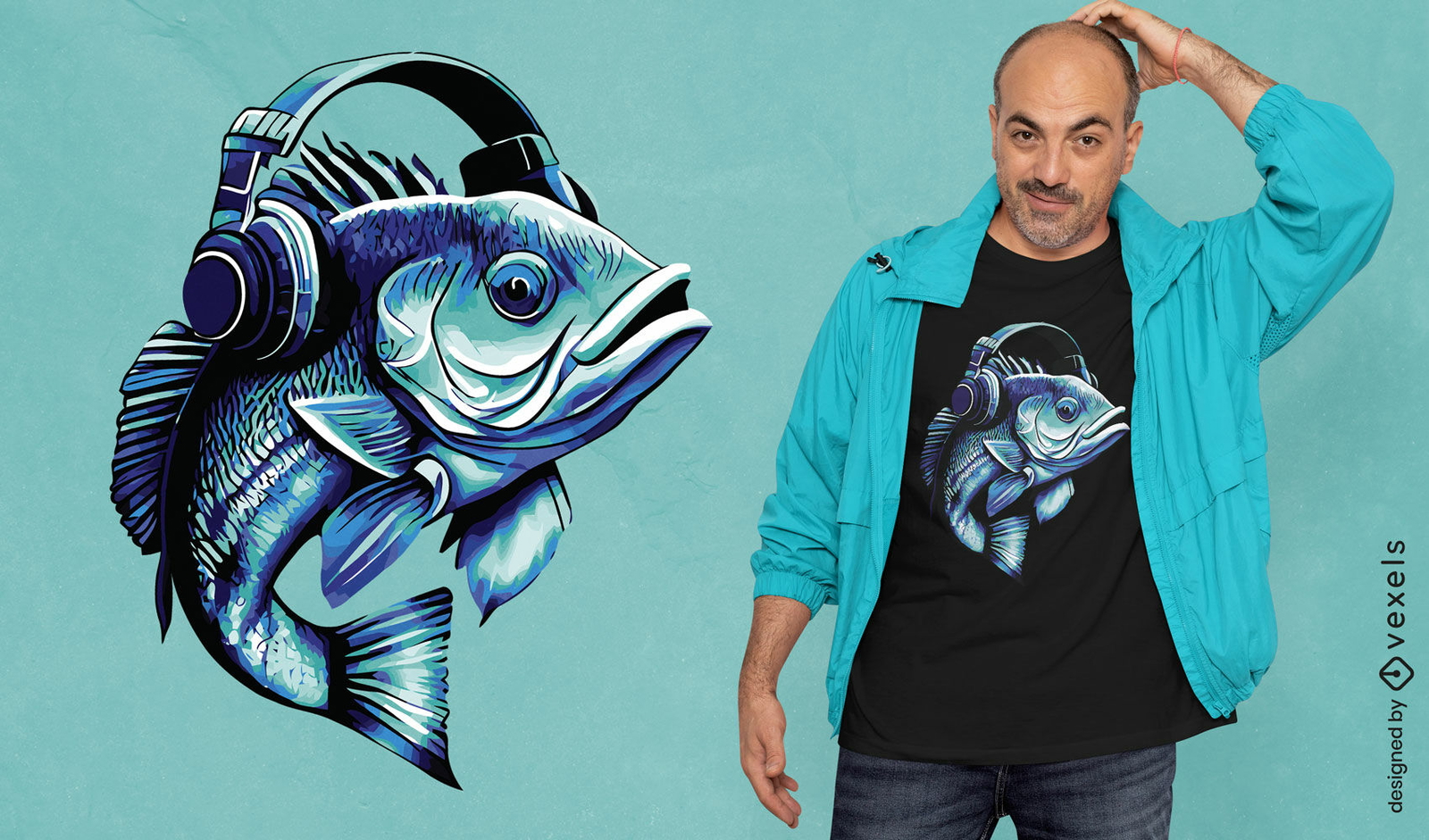 Bass-Fisch mit Kopfhörer-T-Shirt-Design