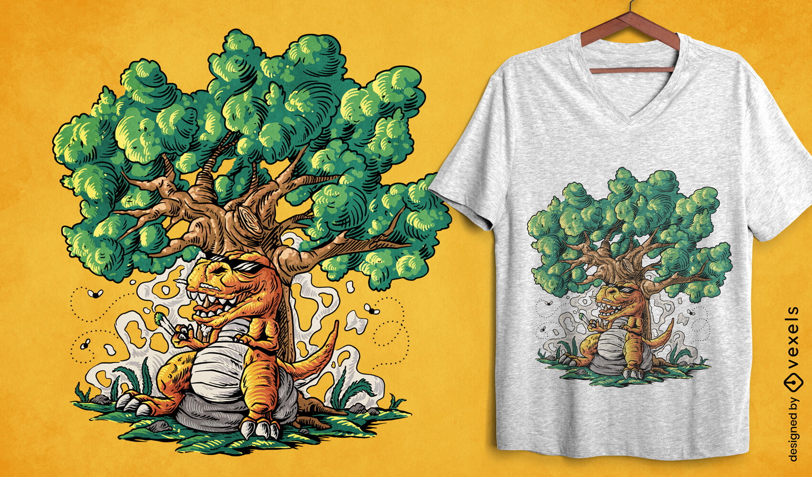 Diseño de camiseta de dinosaurio t-rex debajo del árbol