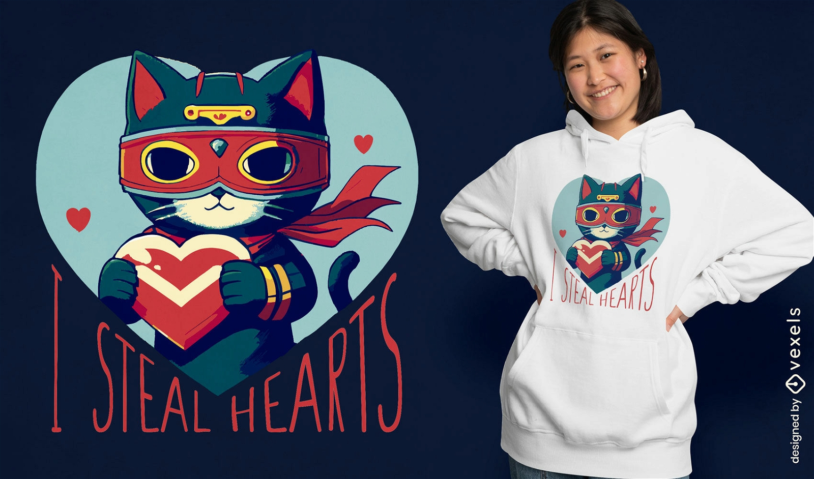 Super-her?i gato com design de camiseta de cora??o