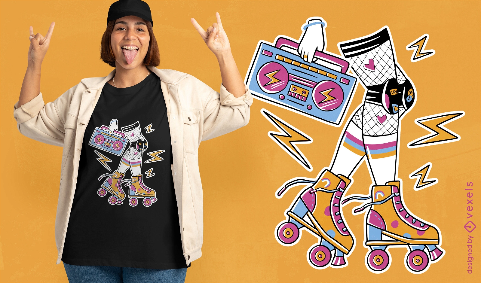 Rollschuhlaufendes Mädchen mit Boombox-T-Shirt-Design