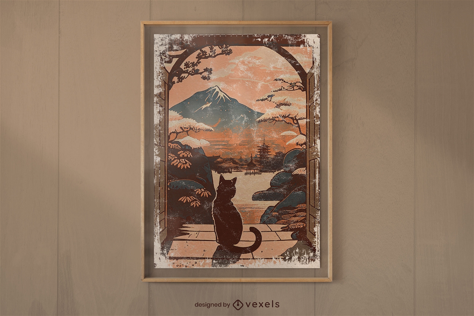 Gato mirando diseño de cartel de paisaje japonés.