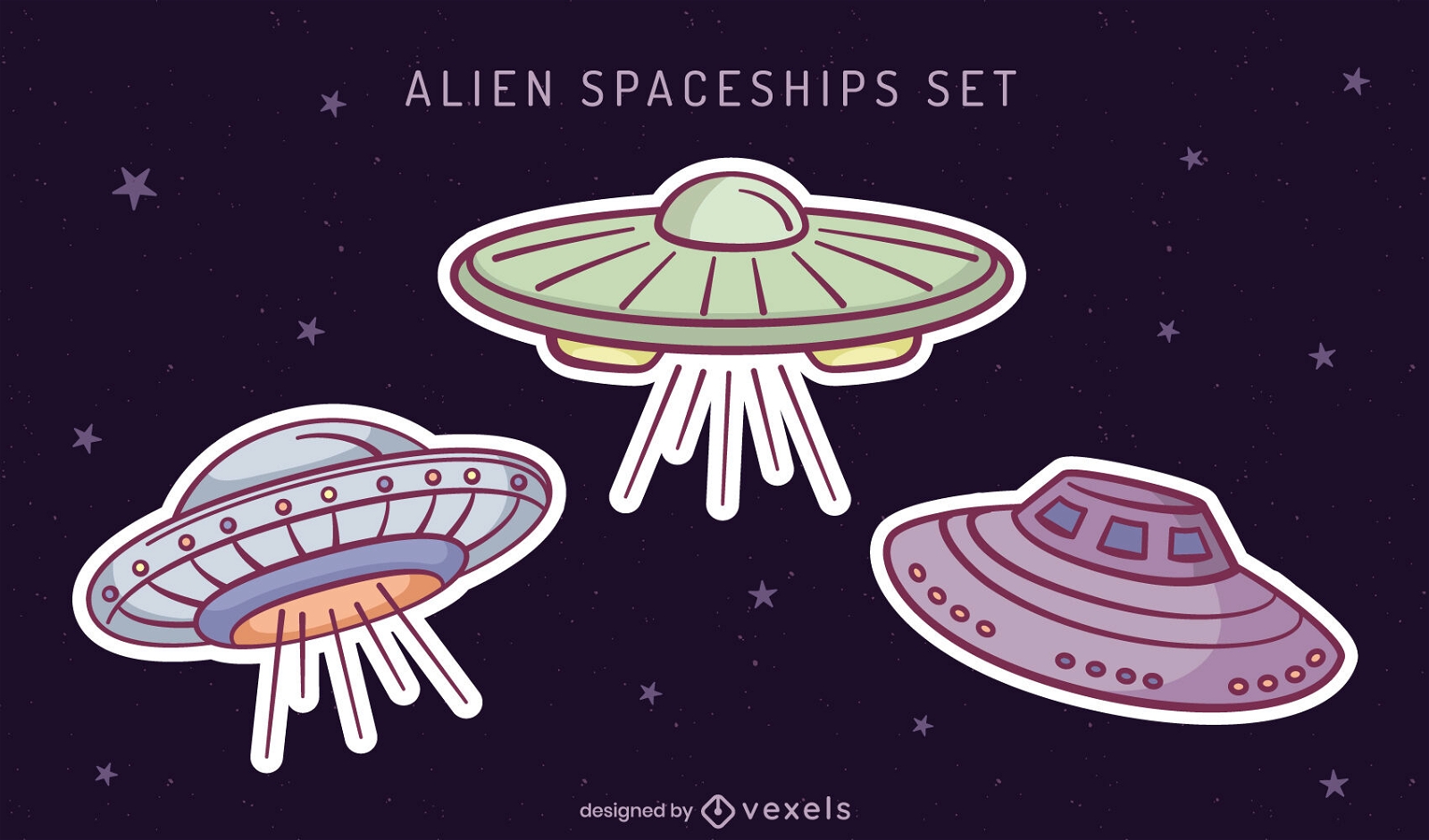 Alien spaceship in space stickers set