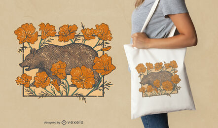 Urso pardo com design de sacola de flores