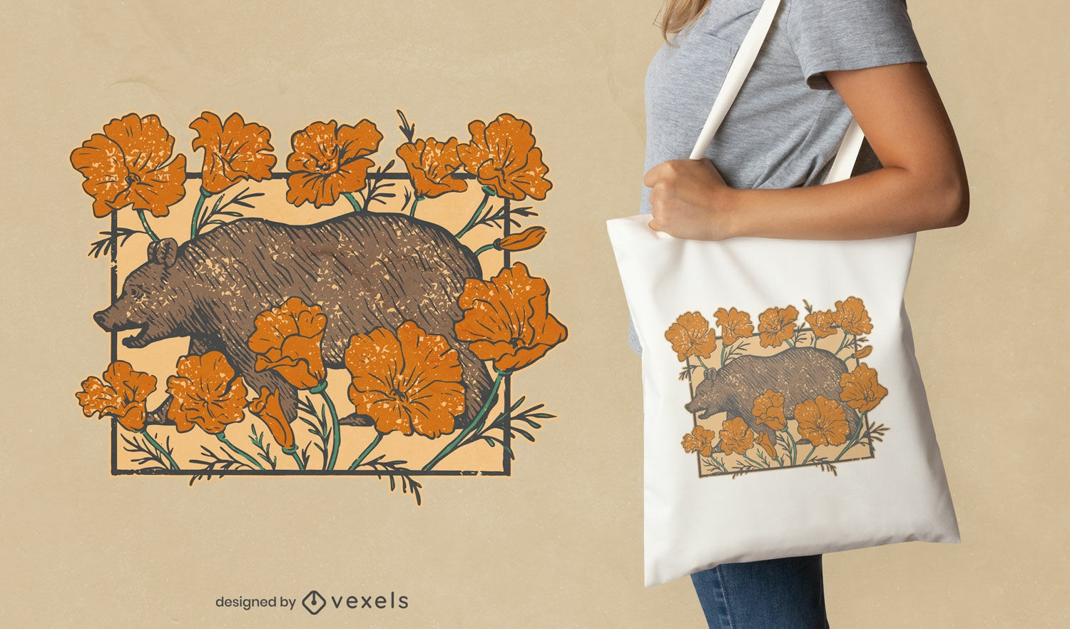 Diseño de tote bag de oso pardo con flores