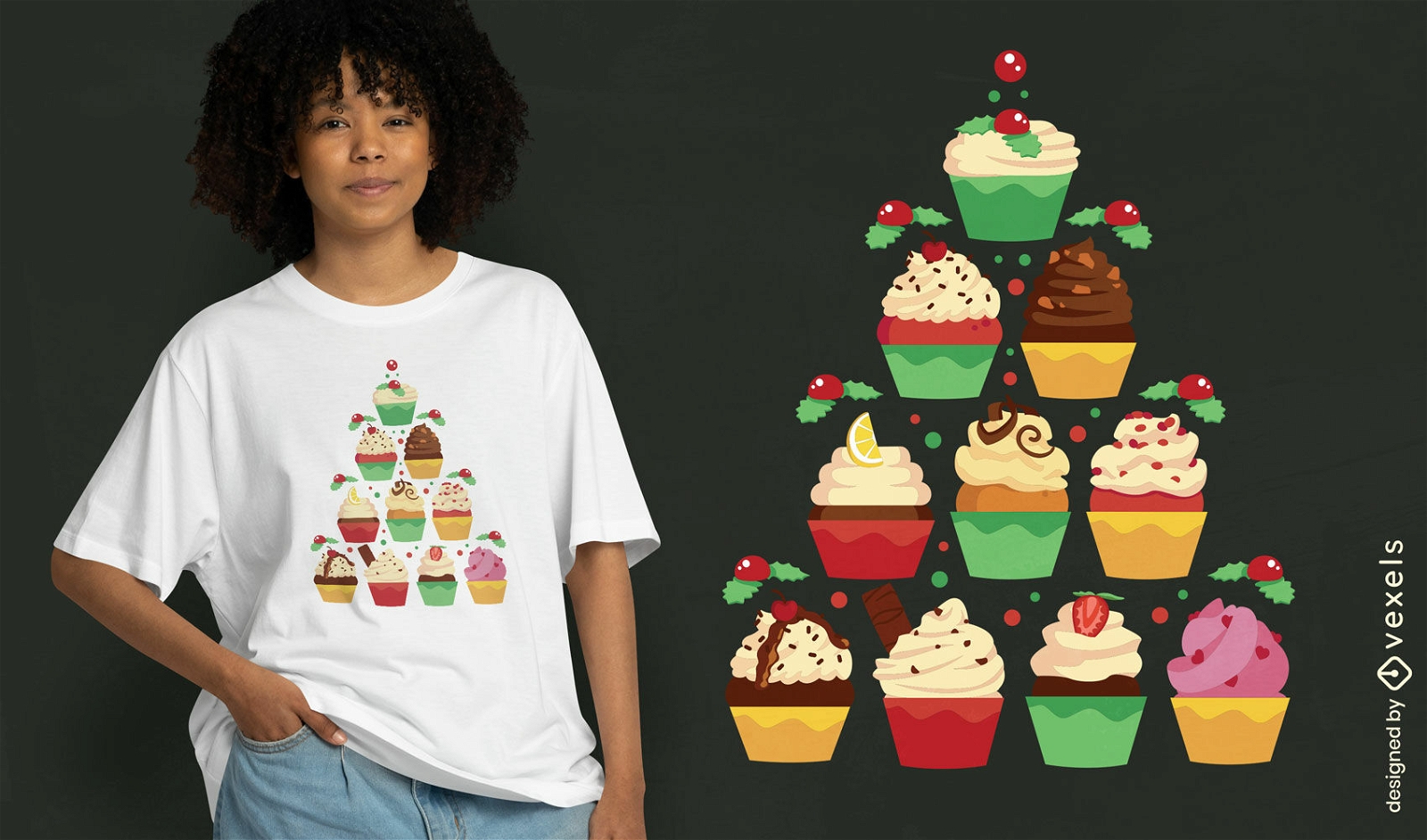 Diseño de camiseta de árbol de cupcakes.