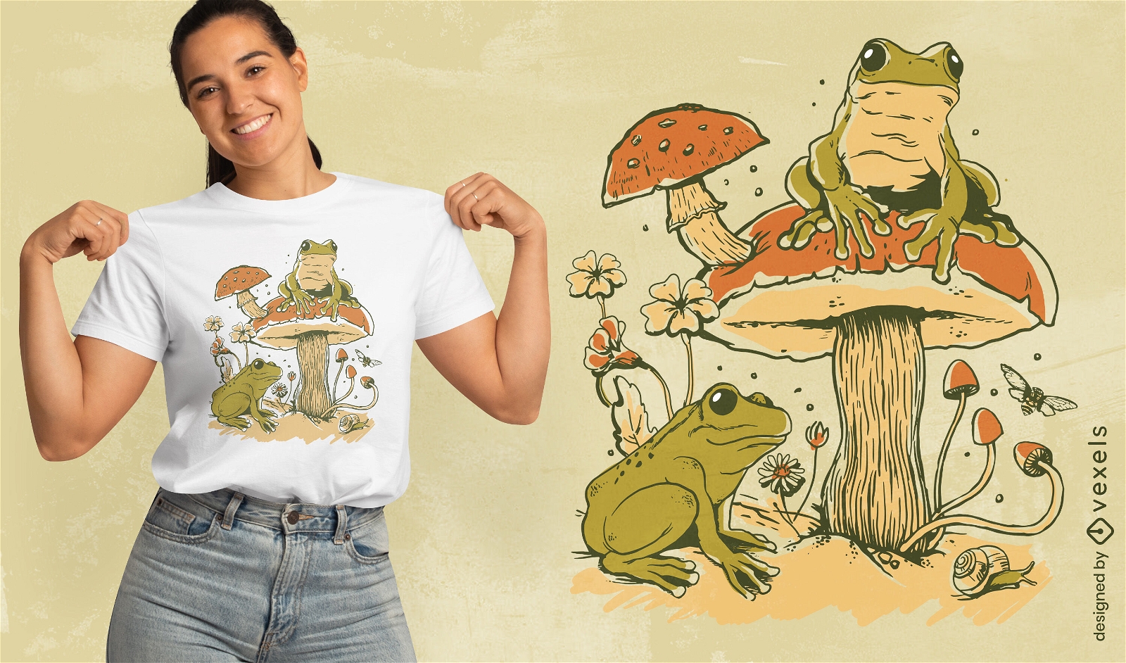 Diseño de camiseta de naturaleza de ranas y hongos.