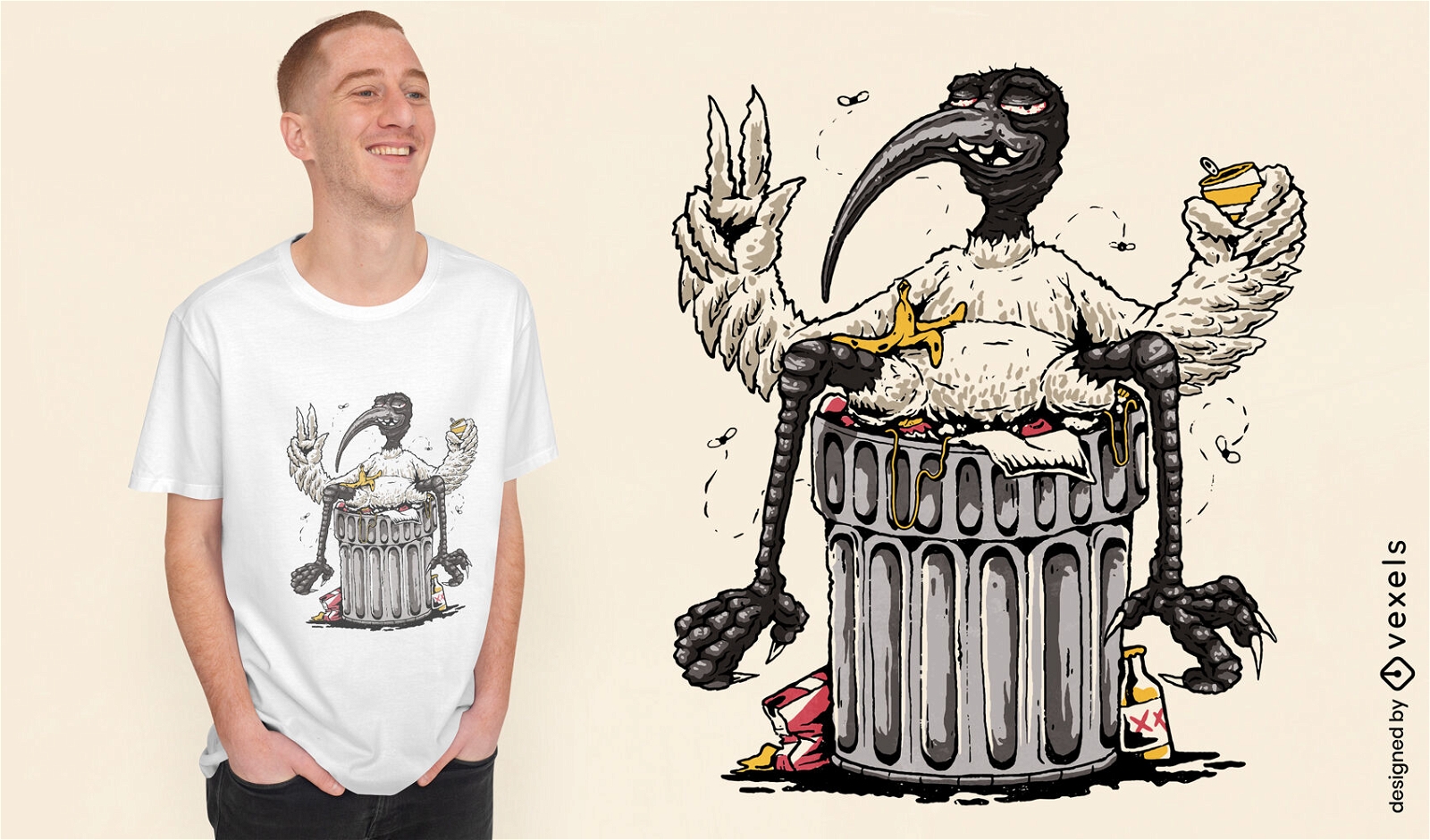 P?ssaro de desenho animado no design de camiseta de lixo