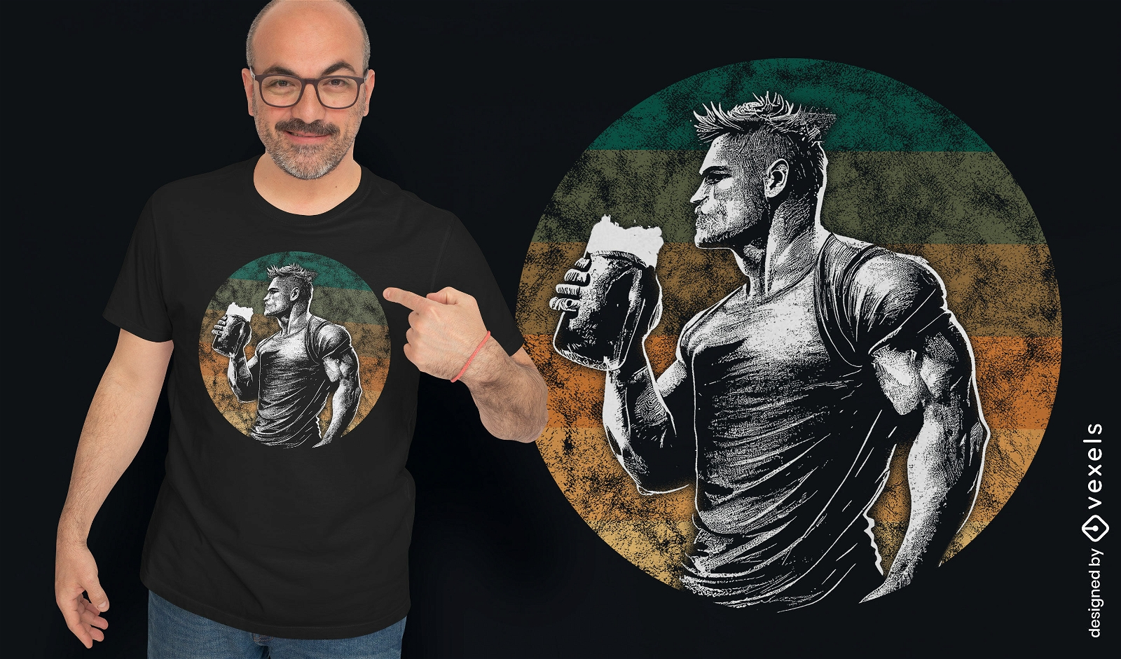 Design de camiseta de homem musculoso bebendo cerveja