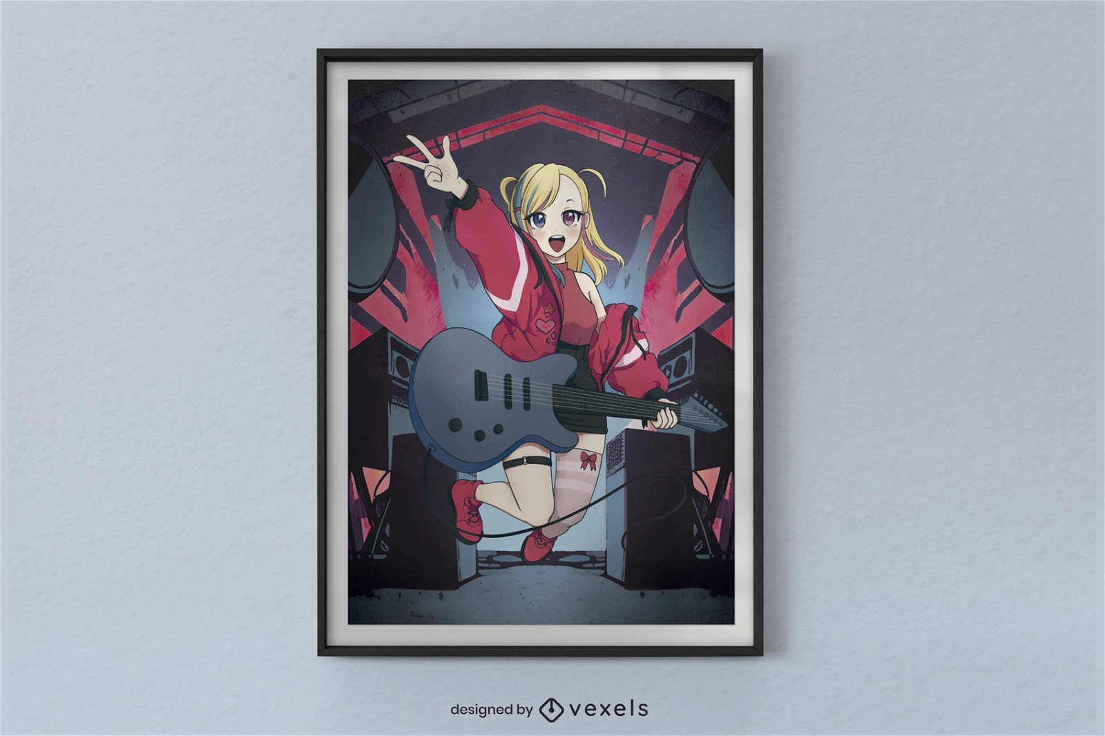 Anime-Mädchen mit Gitarrenplakatdesign