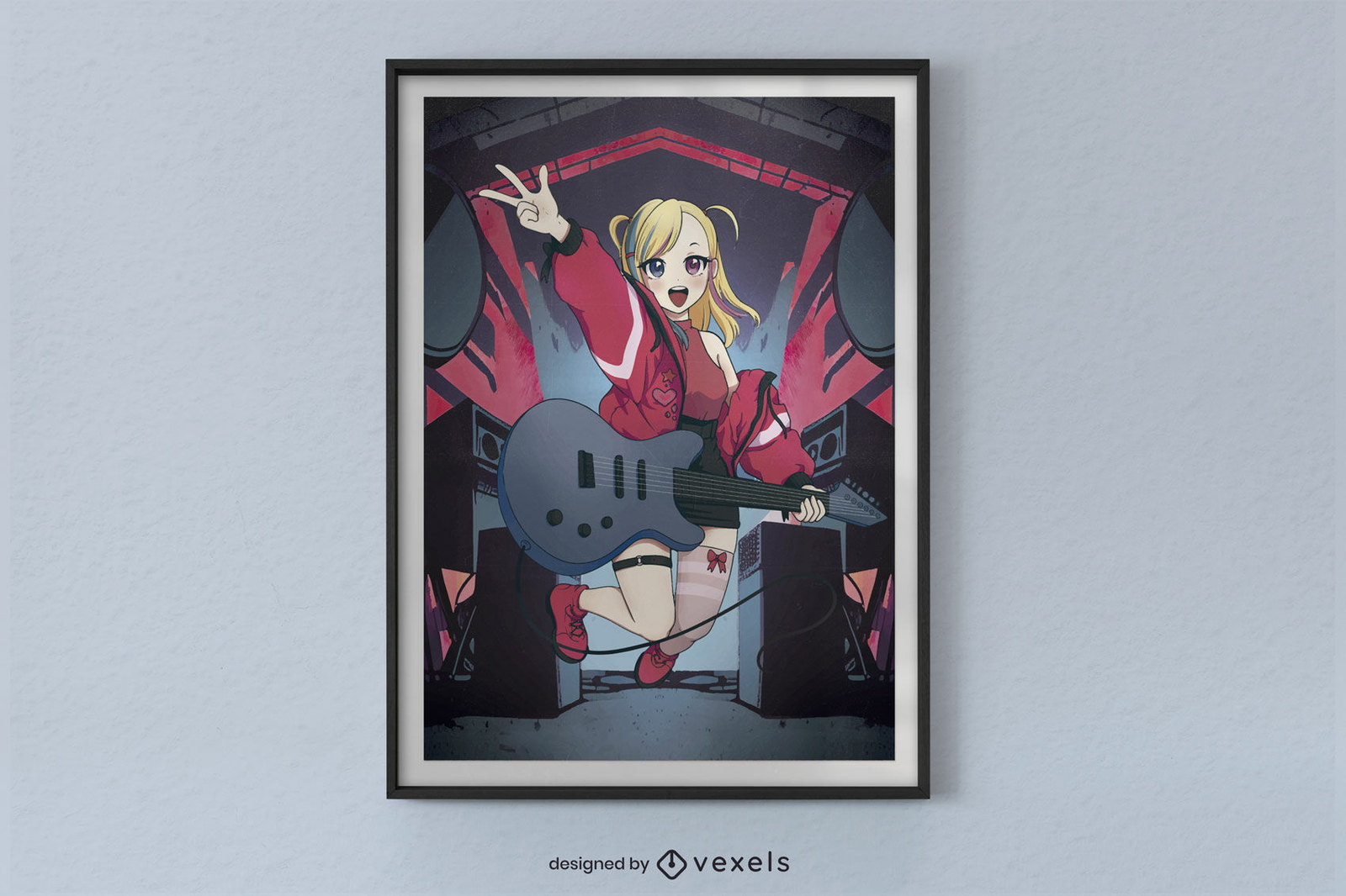 Chica anime con diseño de póster de guitarra.